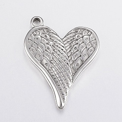 Stainless Steel Color 304 Stainless Steel Pendants, Heart with Wing, Stainless Steel Color, 36x28x3.5mm, Hole: 2.5mm