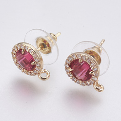 Cerise Faceted Glass Stud Earring Findings, with Loop, Brass Micro Pave Cubic Zirconia Findings, Flat Round, Light Gold, Cerise, 12x9x4mm, Hole: 1.2mm, Pin: 0.8mm