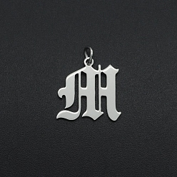 Letter M 304 Stainless Steel Pendants, with Jump Ring, Old English, Letter, Laser Cut, Stainless Steel Color, Letter.M, 16.5x17x1mm, Hole: 3mm