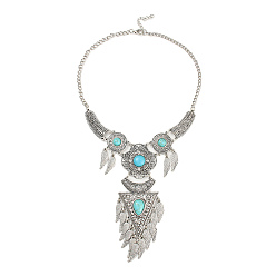 Antique Silver Bohemia Style Alloy Bib Necklace, Triangle & Wing & Flower Acrylic Imitation Turquoise Pendant Necklaces , Antique Silver, 18.31 inch(46.5cm)