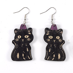 Cat Shape Серьги-подвески из железа и дерева с принтом на тему Хэллоуина для женщин, серебряные, форма кошки, 37x37 мм