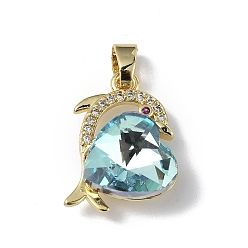 Pale Turquoise Real 18K Gold Plated Rack Plating Brass Micro Pave Clear Cubic Zirconia Pendants, with Glass, Long-Lasting Plated, Cadmium Free & Lead Free, Dolphin with Heart Charm, Pale Turquoise, 20.5x17x8mm, Hole: 5.5x3.5mm