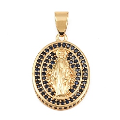 Prusia Azul Micro latón allanan colgantes cúbicos del zirconia, óvalo con dijes de virgen maría, sin plomo y cadmio, chapado en rack, larga duración plateado, real 18 k chapado en oro, null, 21.5x16x4 mm, agujero: 4x6 mm