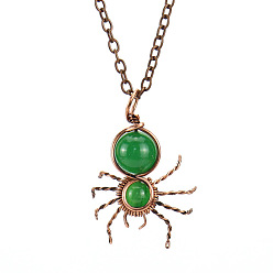 Green Aventurine Natural Green Aventurine Spider Pendant Necklaces, with Red Copper Brass Chains, 20.87 inch(53cm)