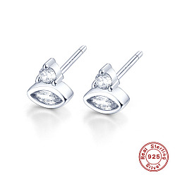 Clear Cubic Zirconia Horse Eye Stud Earrings, Platinum Rhodium Plated 925 Sterling Silver Earrings, with 925 Stamp, Clear, 7x6.1mm