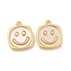 Real 18K Gold Plated Natural White Shell Pendants, Rack Plating Brass Smiling Face Charms, Real 18K Gold Plated, 16x13x2mm, Hole: 1.6mm