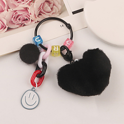 Black Plush Heart Pendant Decorations, Alloy Enamel Smiling Face Keychain Ornaments, Black, 60mm