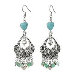 Synthetic Turquoise Natural Agate(Dyed) & Synthetic Turquoise Heart Chandelier Earrings, Alloy Teardrop Earrings with 304 Stainless Steel Pins, 80x26mm
