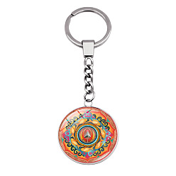 Colorful Mandala Flower Pattern Time Cabochon Glass Half Round Keychain, with Alloy Ring, for Men Women Gift, Colorful, 10.5cm