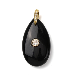 Обсидиан Природные подвески обсидиана, Подвески в форме капли с латунными микропаве из прозрачных кубических цирконий в качестве застежек., золотые, 34.5x20x9 мм, отверстие : 5.5x5.5 мм