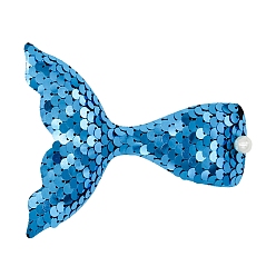 Deep Sky Blue Mermaid Tail Shape Plastic Sequin/Paillette Alligator Hair Clip, with Iron Findings, Children Hair Accessories for Girls, Deep Sky Blue, 100x90mm