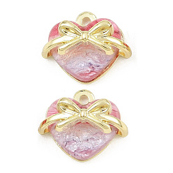 Hot Pink Alloy & Resin Pendants, Heart & Bowknot Charm, Long-Lasting Plated, Rack Plating, Golden, Hot Pink, 11.5x14x7.5mm, Hole: 1.3mm