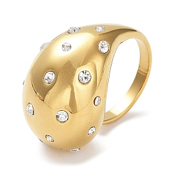 Golden Crystal Rhinestone Open Cuff Rings, Teardrop, 304 Stainless Steel Jewelry for Women, Golden, Inner Diameter: 17mm