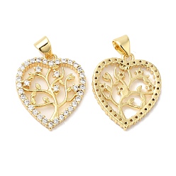 Real 16K Gold Plated Brass Micro Pave Clear Cubic Zirconia Pendants, Heart with Tree Charms, Real 16K Gold Plated, 22x18.5x2.5mm, Hole: 5x4mm