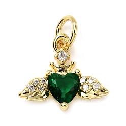 Зеленый Подвески в форме сердца с крыльями из латуни с микропаве из кубических цирконий, со стеклом, стойки покрытие, долговечный, без кадмия и без свинца, золотые, с целью перехода в кольце, зелёные, 12x14x3 мм, отверстие : 3.3 мм