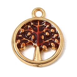 Dark Red 304 Stainless Steel Enamel Pendants, Tree of Life Charms, Ion Plating(IP), Long-Lasting Plated, Real 18K Gold Plated, Dark Red, 14x12x2mm, Hole: 1.5mm