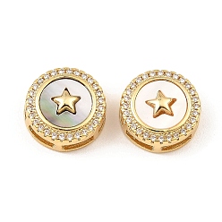Star Brass Micro Pave Clear Cubic Zirconia Slide Charms, with Shell, Long-Lasting Plated, Lead Free & Cadmium Free, Real 18K Gold Plated, Flat Round, Star, 13x6mm, Hole: 5x2mm
