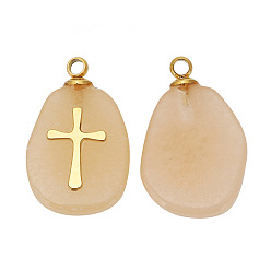 Red Aventurine Natural Red Aventurine Pendants, Oval Charms with Golden Tone Stainless Steel Cross Slice, 17x11mm, Hole: 1.5mm