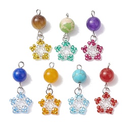 Mixed Color 7Pcs 7 Style Dyed Synthetic & Natural Mixed Gemstone Pendant, with TOHO Seed Beads, Star Charms, Mixed Color, 27x12x8.5mm, Hole: 1.8mm, 1Pc/style