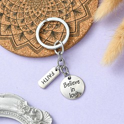 Античный Серебристый & Платиновый Сплав брелок, плоский круглый и прямоугольник со словом, старинное серебро и платина, 7.4 см