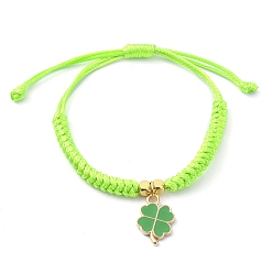Green Yellow Alloy Enamel Clover Charm Bracelet, Polyester Braided Adjustable Bracelet, Green Yellow, Inner Diameter: 1-1/8~2-7/8 inch(2.9~7.3cm)