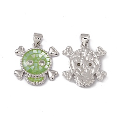 Lime Green Halloween Natural Shell Pendants, Skull Charms, Dyed, with Rack Plating Platinum Tone Brass Findings, Long-Lasting Plated, Lime Green, 19.5x18.5x3mm, Hole: 4x3.5mm