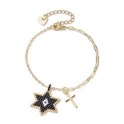 Golden Glass Seed Star & Brass Cross Charm Bracelets, with Paperclip Chains, Golden, 7-1/8 inch(18cm)