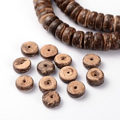 Brun De Noix De Coco Brins de perles rondelles de noix de coco naturelles, brun coco, 8x2.5~5mm, Trou: 1mm, Environ 107 pcs/chapelet, 16.1 pouce