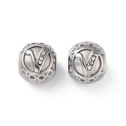 Letter V 304 Stainless Steel Rhinestone European Beads, Round Large Hole Beads, Real 18K Gold Plated, Round with Letter, Letter V, 11x10mm, Hole: 4mm