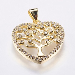 Golden Brass Pendants, with Micro Pave Cubic Zirconia, Heart with Tree of Life, Golden, 21x20.5x3.5mm, Hole: 3.5x4.5mm