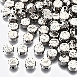 Platinum CCB Plastic Beads, Horizontal Hole, Flat Round with Letter, Platinum, 7x4mm, Hole: 1.8mm, about 3300pcs/500g
