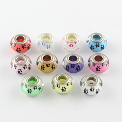Mixed Color Large Hole Dog Paw Prints Pattern Resin European Beads, with Silver Color Plated Brass Double Cores, Rondelle, Mixed Color, 14x9~10mm, Hole: 5mm
