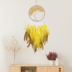 Yellow Tree of Life Natural Citrine Chips Woven Web/Net with Feather Decorations, for Home Bedroom Hanging Decorations, Yellow, 160mm