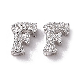 Letter F 925 Sterling Silver Micro Pave Cubic Zirconia Beads, Real Platinum Plated, Letter F, 9x7.5x3.5mm, Hole: 2.5x1.5mm