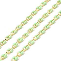 Light Green Brass Enamel Curb Chains, Soldered, with Spools, Real 18K Gold Plated, Light Green, 7x3x1.7mm
