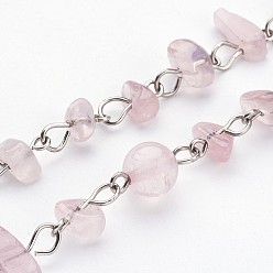 Rose Quartz Handmade Natural Rose Quartz Beads Chains for Necklaces Bracelets Making, with Iron Eye Pin, Unwelded, Platinum Color, 39.37 inch(1m)