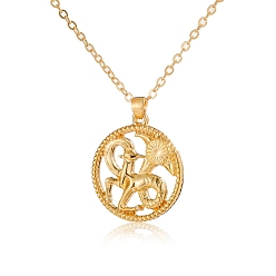 Capricorn Alloy Flat Round with Constellation Pendant Necklaces, Cable Chain Necklace for Women, Capricorn, Pendant: 2.2cm