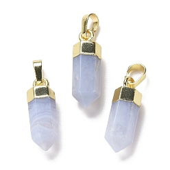 Blue Lace Agate Natural Blue Lace Agate Pendants, with Brass Findings, Bullet, Golden, 19~21x7mm, Hole: 4x6mm