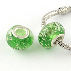 Lime Vert Lueur dans l'obscurité à la main lampwork style lumineux grand trou perles européennes, avec des noyaux de laiton de ton argent, rondelle, lime green, 14x9~10mm, Trou: 5mm