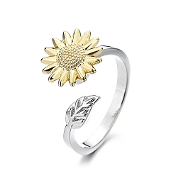 Flower Brass Rotating Open Cuff Ring, Spinner Ring for Anxiety Stress Relief, Sunflower Pattern