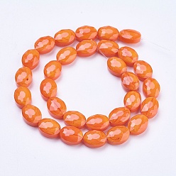 Dark Orange Electroplate Glass Beads Strands, Faceted, Oval, Dark Orange, 16x12x7mm, Hole: 1mm, about 24pcs/strand, 15.1 inch