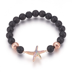 Rose Gold Stretch Bracelets, with Long-Lasting Plated Electroplated Natural Lava Rock, Natural Lava Rock and Brass Cubic Zirconia Beads, Starfish/Sea Stars, Rose Gold, 2-1/8 inch(5.3cm)