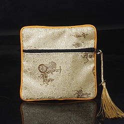 Beige Square Chinese Style Cloth Tassel Bags, with Zipper, for Bracelet, Necklace, Beige, 11.5x11.5cm