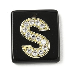 Letter S Природные подвески обсидиана, прямоугольные подвески с латунной микропаве прозрачной кубической циркониевой буквой, реальный 18 k позолоченный, долговечный, стойки покрытие, Письмо с, 21x18x5 мм, отверстие : 1.4 мм