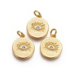 Прозрачный Латунные подвески, для изготовления ювелирных изделий DIY, с фианитом и кольцами для прыжков, плоские круглые с сглаза, прозрачные, золотые, 15x13x1.5 мм, отверстие : 3 мм