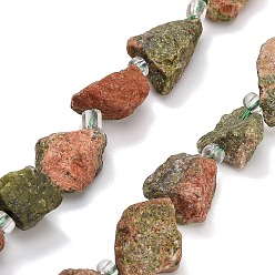 Unakite Natural Unakite Beads Strands, Raw Rough, Nuggets, with Seed Beads, 13~23x12~16x6~13mm, Hole: 1mm, about 11~13pcs/strand, 7.44''(18.9cm)~7.99''(20.3cm)