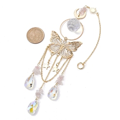 Golden Butterfly Iron & 304 Stainless Steel Hanging Suncatchers, with Glass Pendants and Natural Rose Quartz Chip Beads, Golden, 310mm, Hole: 8mm
