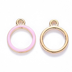 Pink Alloy Enamel Pendants, Round Ring, Light Gold, Pink, 16x13x2mm, Hole: 1.8mm