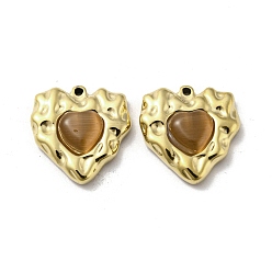 Real 14K Gold Plated 304 Stainless Steel Pendants, with Cat Eye, Heart Charms, Real 14K Gold Plated, 19x18x5mm, Hole: 1.2mm