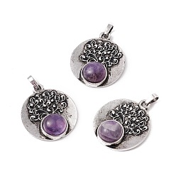 Amethyst Natural Amethyst Alloy Pendants, Lead Free & Cadmium Free, Antique Silver, Flat Round with Tree, 28.5x24.5x6.5mm, Hole: 4x3.5mm